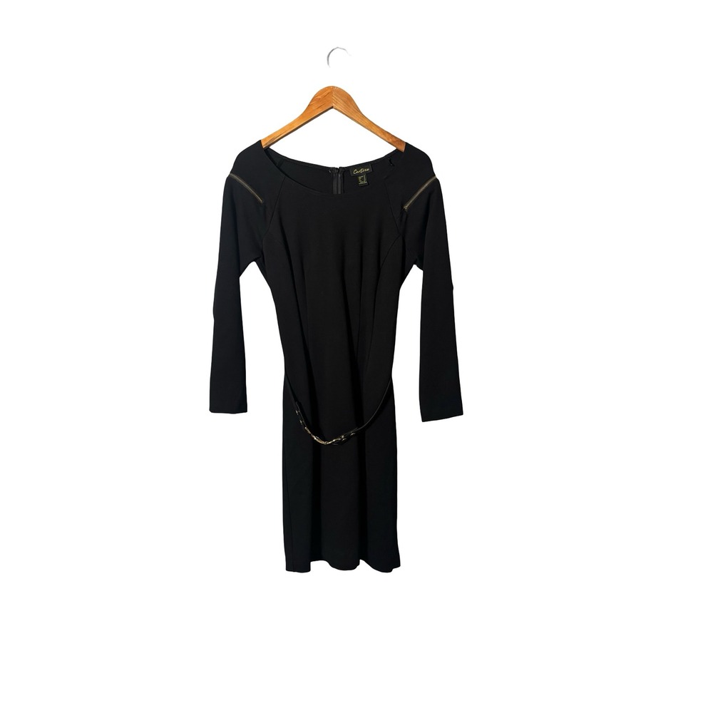 Cartise Black Zipper Shoulder Sheath Dress Size 10 Rayon Blend Belted